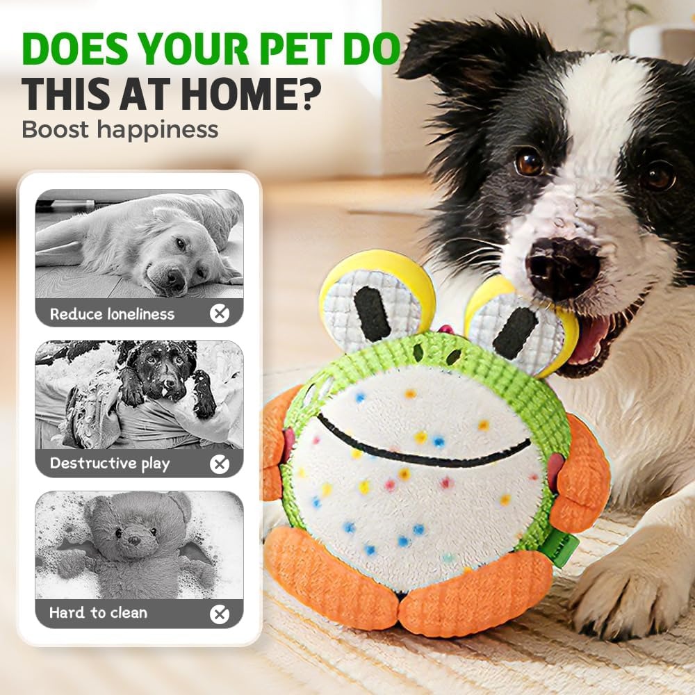 Moving Plush Dog Toy with Sound, USB Rechargeable Bouncing Pet Play Toy with Removable Washable Cover, Frog, Dolphin or Panda for Supervised Indoor Play