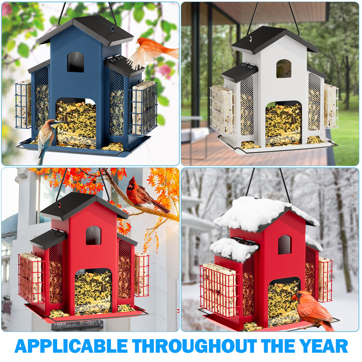 Hanging Metal Bird Feeder with Mesh Seed Compartments and Side Food Cages, House-Shaped Outdoor Feeding Station in Blue, Red or White for Backyard Birdwatching