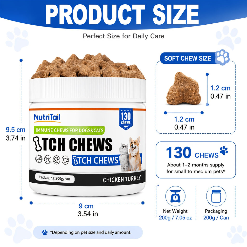 Pet Skin Care Chews for Dogs and Cats, NutriTail 200g Skin Chews with 130-Count Labeling, Probiotic and Quiet Moment Options for Daily Care