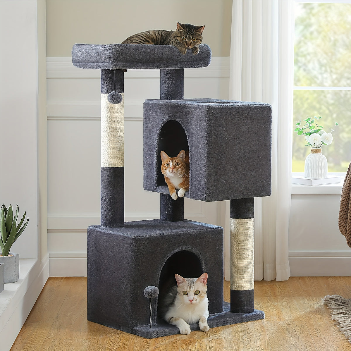 Cat Tree with Two Spacious Condos, 31.5 or 44 Inch Indoor Cat Tower with Washable Top Perch, 3.4 Inch Thick Scratching Posts and Two Play Toys