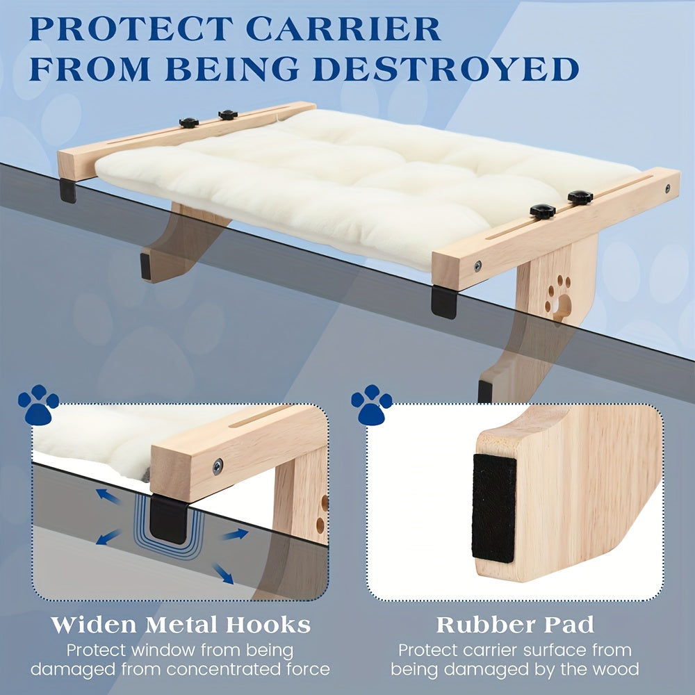 Wooden Cat Perch with Plush Pad, Wide Indoor Cat Hammock Platform for Compatible Window and Cabinet Locations, Optional Cool Mat Model