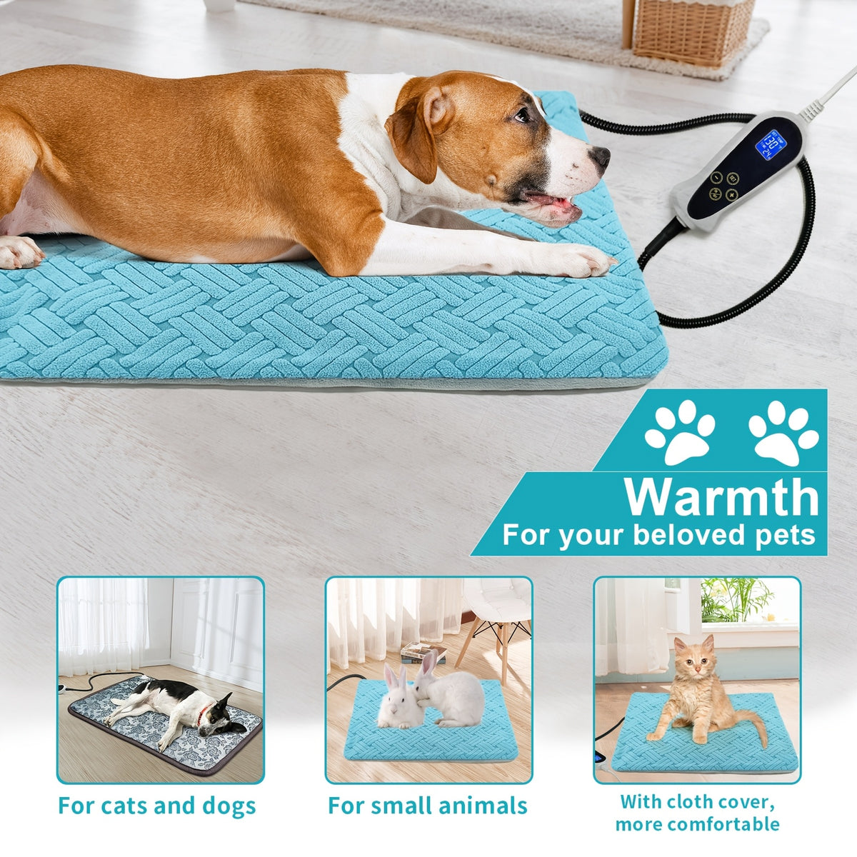 Indoor Pet Heating Pad for Cats and Dogs with Thermostatic Controller, 1-24H Timer and Removable Washable Cover in Three Size Options