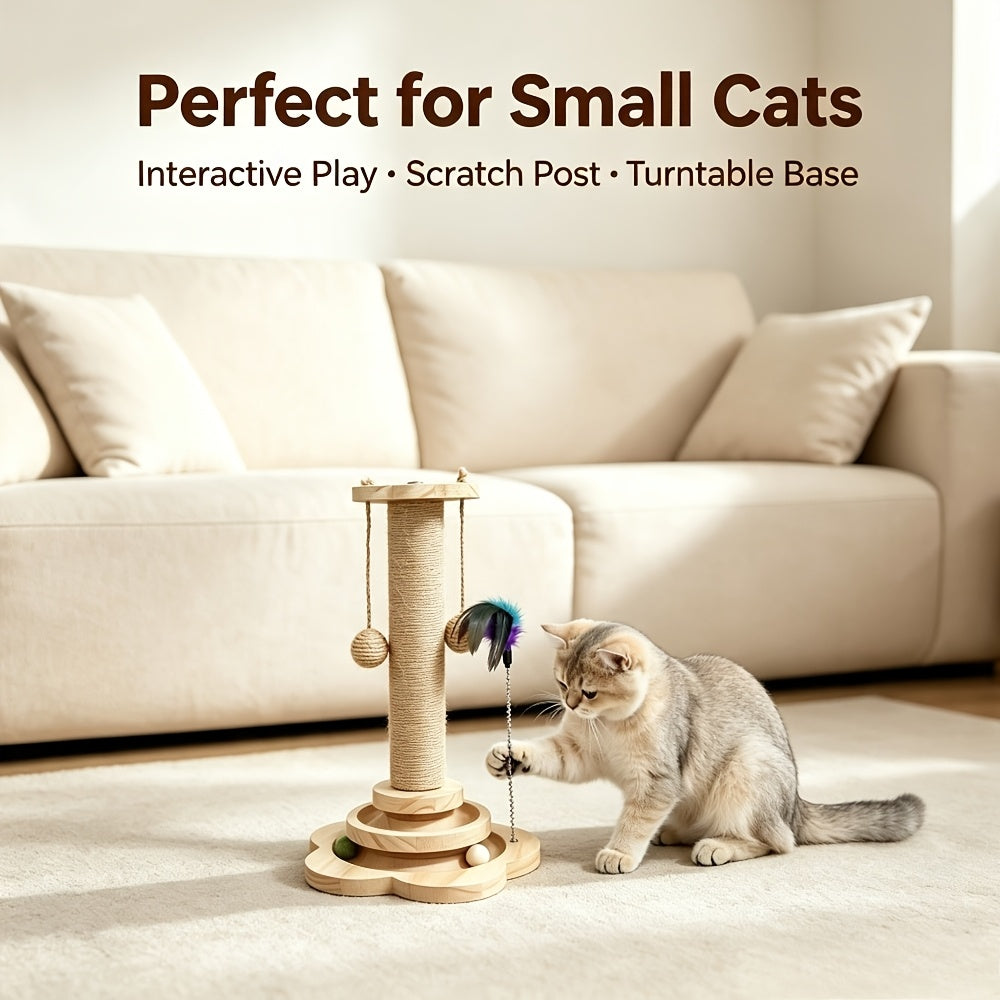 Cat Scratching Post with Six Wooden Balls, Brown Multi-Level Sisal Scratcher with Two Hanging Balls and Two Feather Toys for Indoor Play