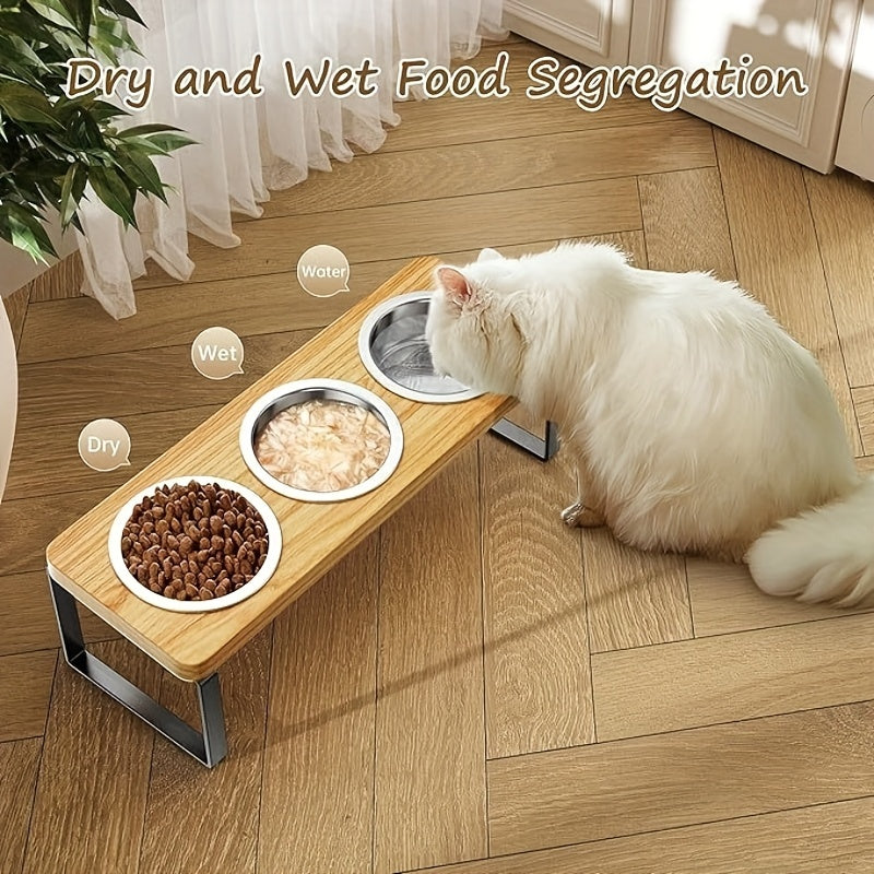 Cat Feeding Station with 3 Stainless Steel Bowls, 15° Tilted Elevated Wooden Rack for Indoor Cat Food and Water, Easy-Clean Dining Set