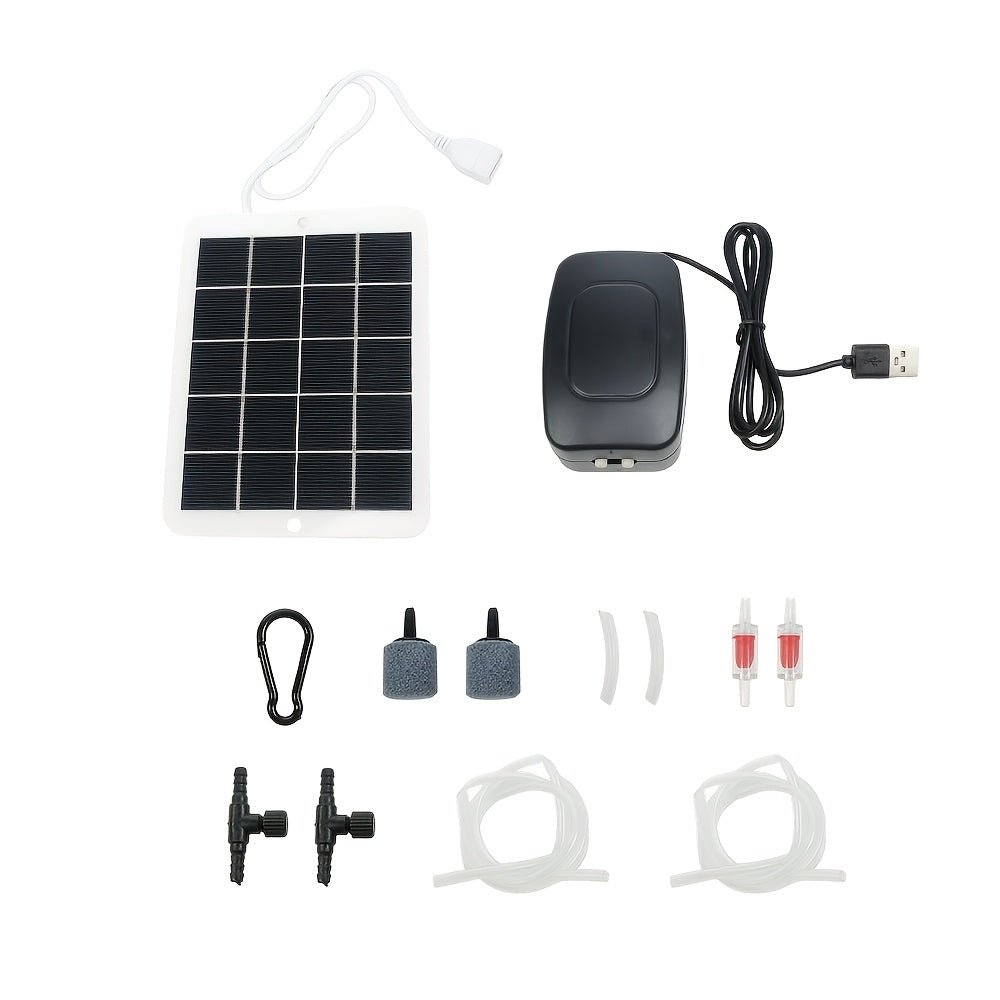 Solar Pond Air Pump with Dual Outlets, Portable Hanging Aquarium Aerator with Solar Panel, Air Tubing and Two Air Stones for Outdoor Fishkeeping