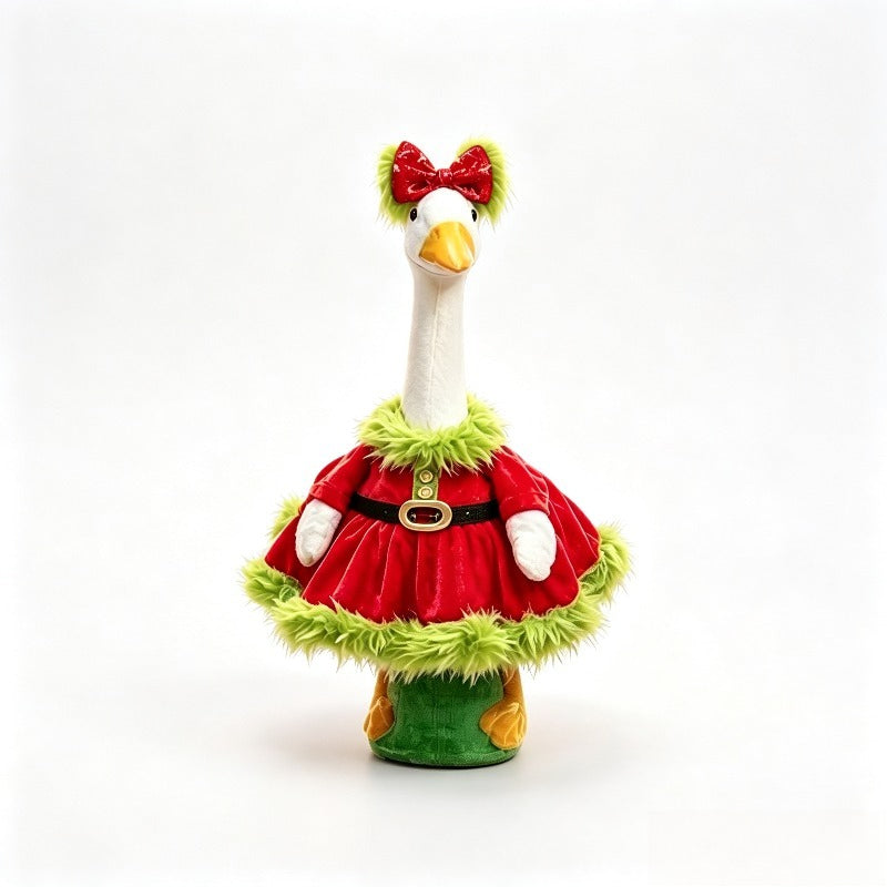 Red Sequin Bow Porch Goose Costume for 23-Inch Decorative Goose, Christmas Holiday Outfit with Green Plush Detail for Seasonal Entryway Decor