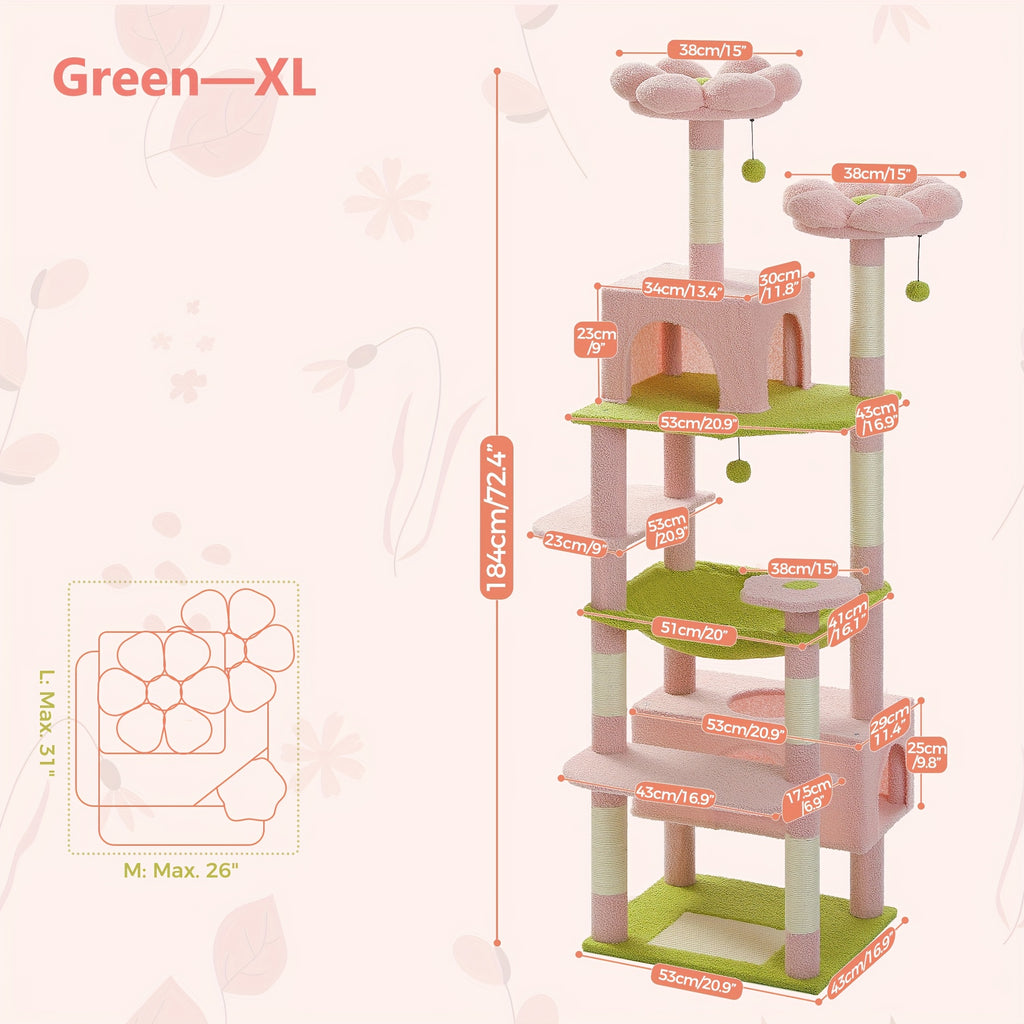 Cat Tree with Eight Levels, 72 Inch Indoor Cat Tower with Spacious Condo, Sisal Scratching Posts, Padded Perches and Basket for Rest and Play