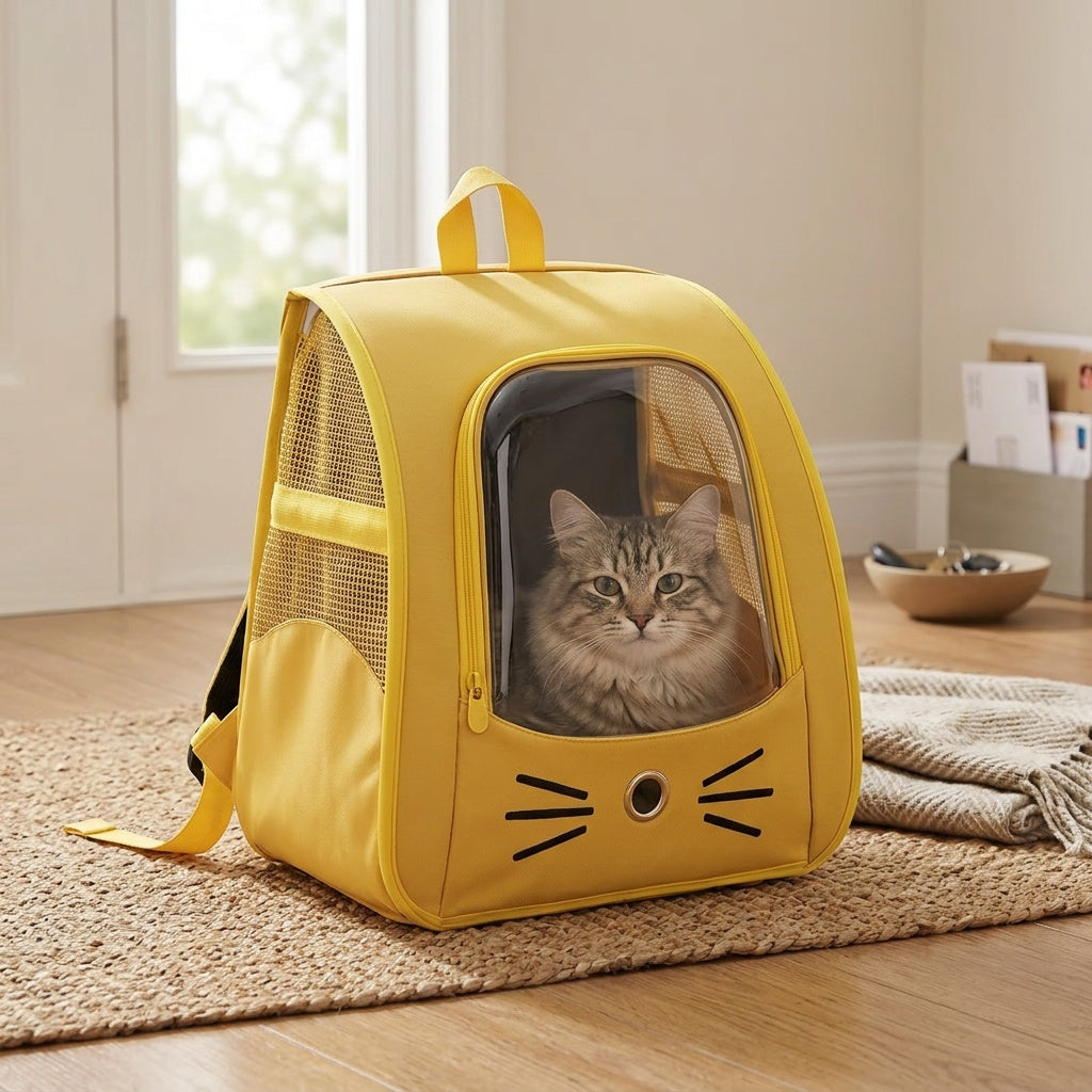 Cat-Face Pet Carrier Backpack with Clear Viewing Window, Collapsible Mesh-Sided Travel Bag for Cats and Small Dogs, Four Color Options