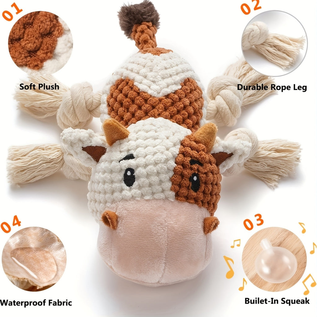 Cow Dog Toy with Knotted Rope Legs, 8-Inch Squeaky Crinkle Plush Pet Toy for Supervised Gentle Tug of War, Fetch and Interactive Puppy Play