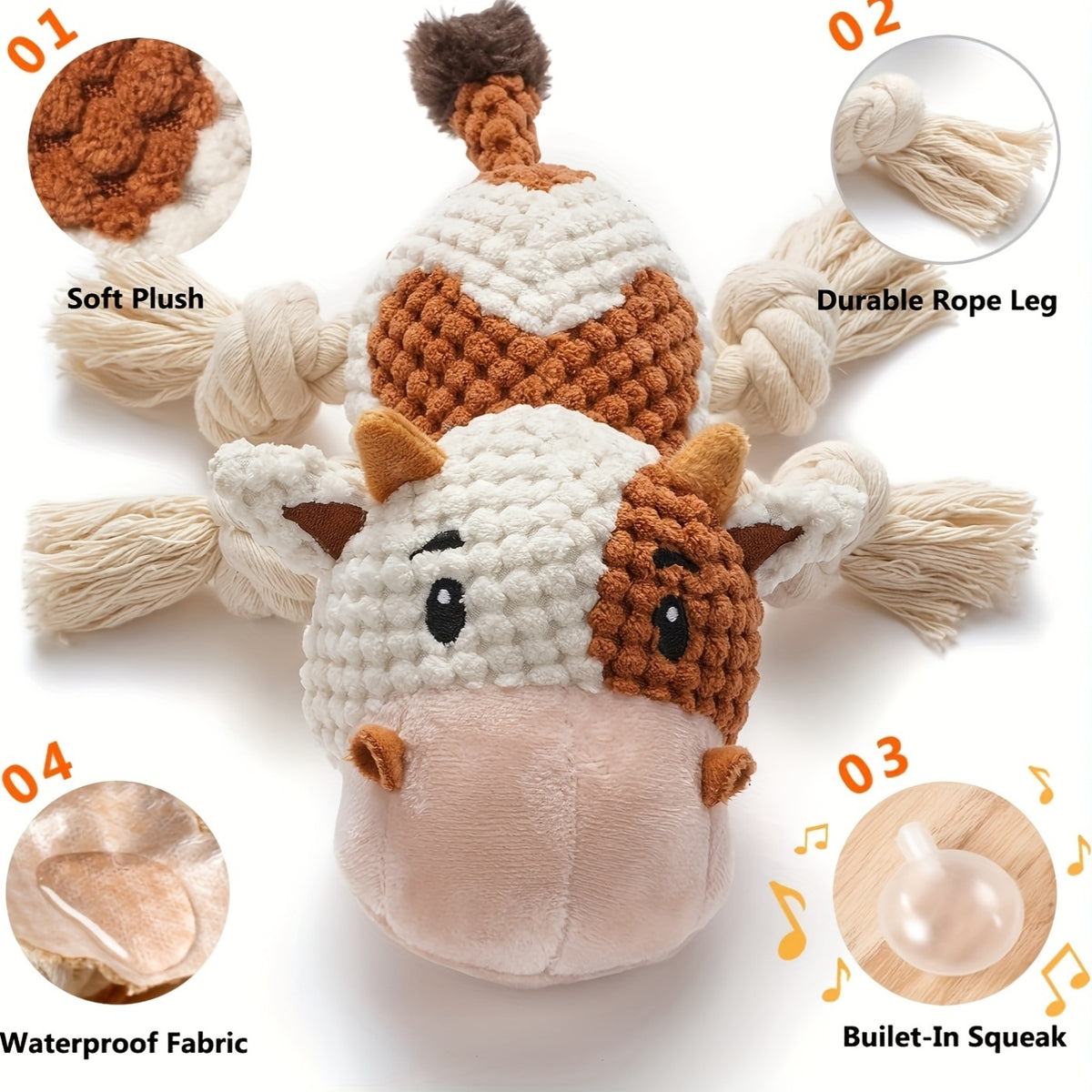 Cow Dog Toy with Knotted Rope Legs, 8-Inch Squeaky Crinkle Plush Pet Toy for Supervised Gentle Tug of War, Fetch and Interactive Puppy Play