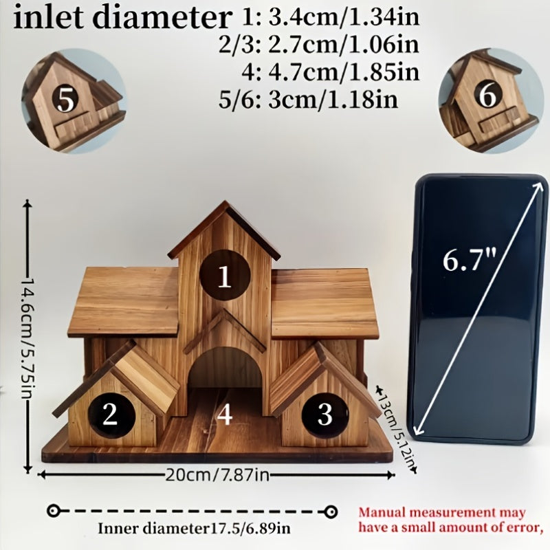 Villa Style Wooden Birdhouse with Multiple Entry Openings, Compact Wood Color Bird House for Outdoor Garden Decor and Bird Lover Gifts