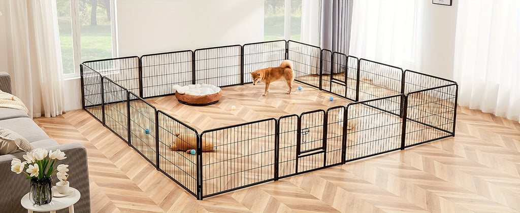 Metal Dog Playpen with Door, DIY 8 or 16 Panel Puppy Exercise Fence in 24, 32 or 40 Inch Size Options for Indoor and Outdoor Supervised Play