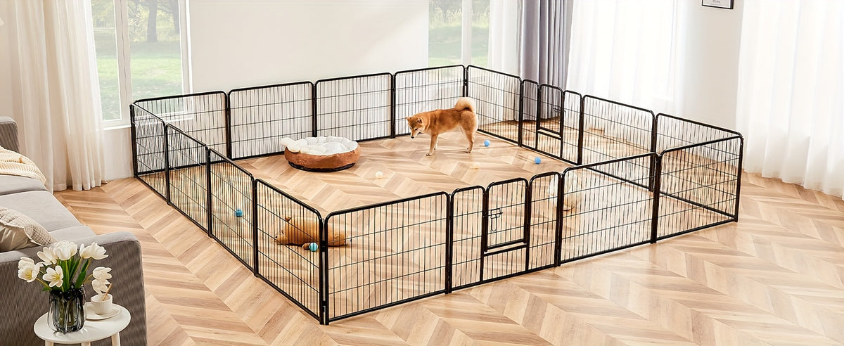 Metal Dog Playpen with Door, DIY 8 or 16 Panel Puppy Exercise Fence in 24, 32 or 40 Inch Size Options for Indoor and Outdoor Supervised Play