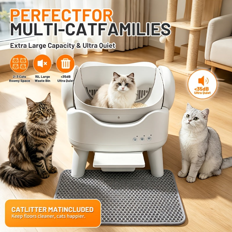 Automatic Cat Litter Box with 4-Gallon Waste Bin, Open-Top Self-Cleaning Cat Toilet with No App, Washable Liner, Litter Mat and Waste Bags