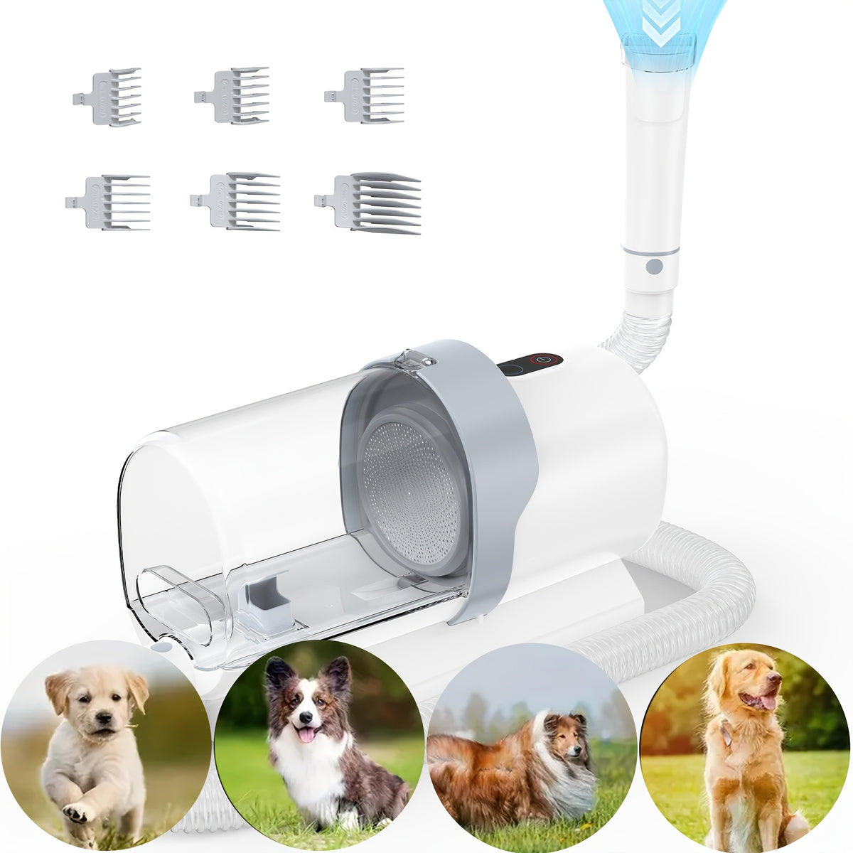 Pet Hair Grooming Vacuum Kit, 5-in-1 Dog and Cat Clippers with 6 Guide Combs, Adjustable Suction and Brushes for At-Home Coat Care