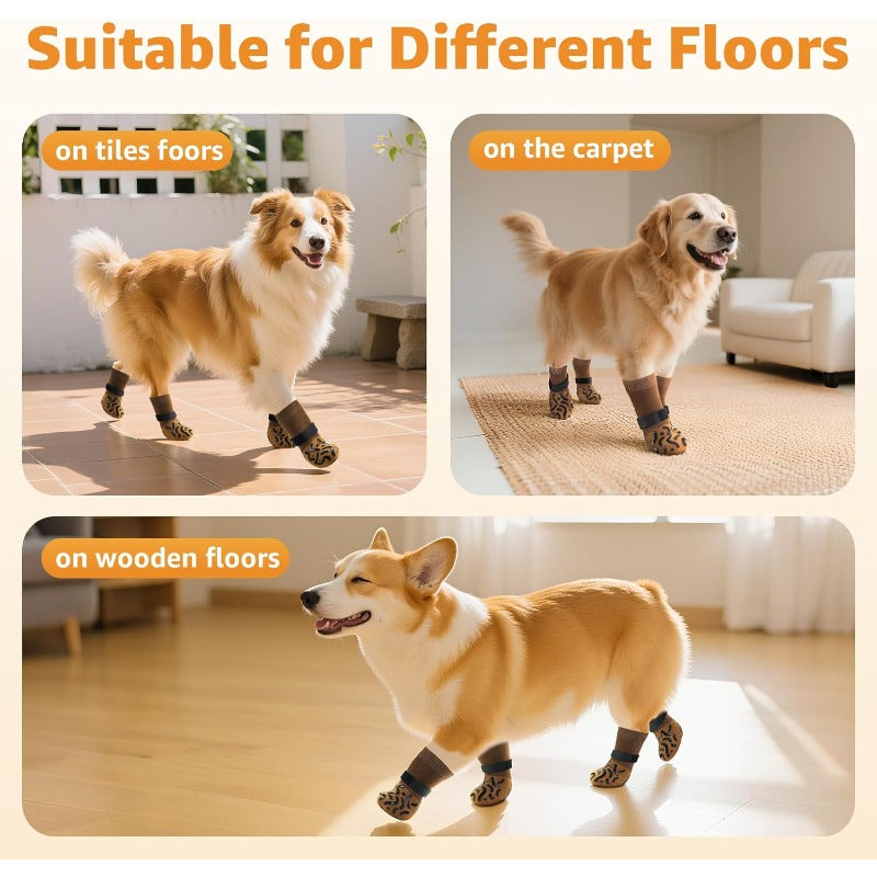 Non-Slip Dog Socks with Grip Pads, 4-Piece Paw Covers for Senior Dogs on Hardwood Floors, Everyday Pet Traction Accessories in Black or Caramel