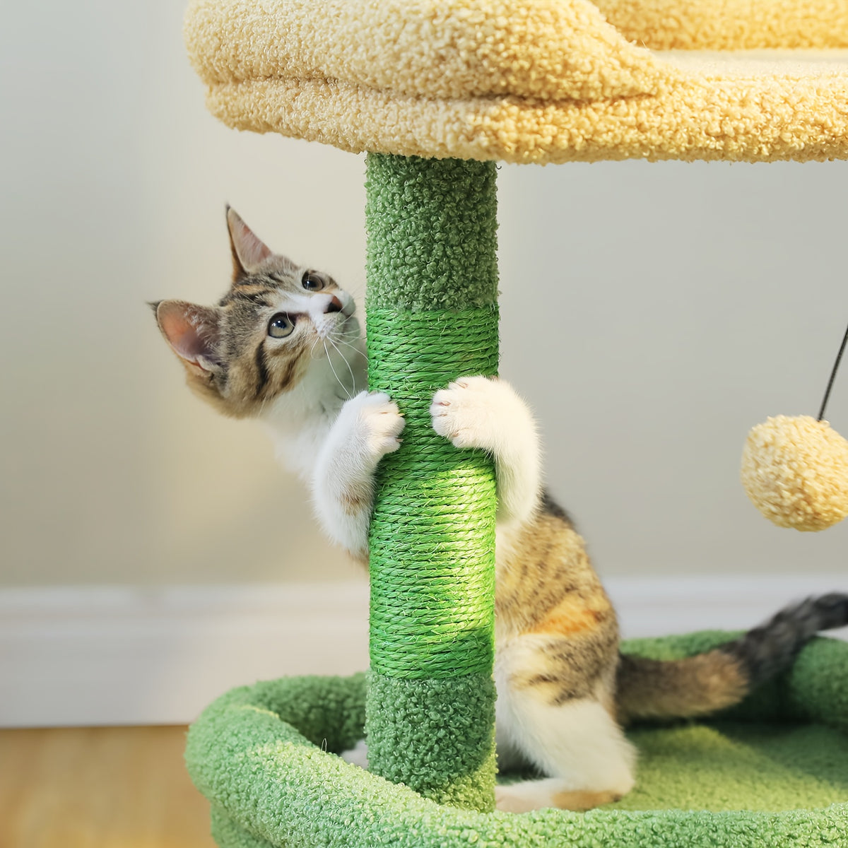 Cat Tree with Wide Perch and Condo, Modern Wood Cat Tower with Sisal Scratching Posts and Pad for Large Adult Indoor Cats and Compact Living Spaces