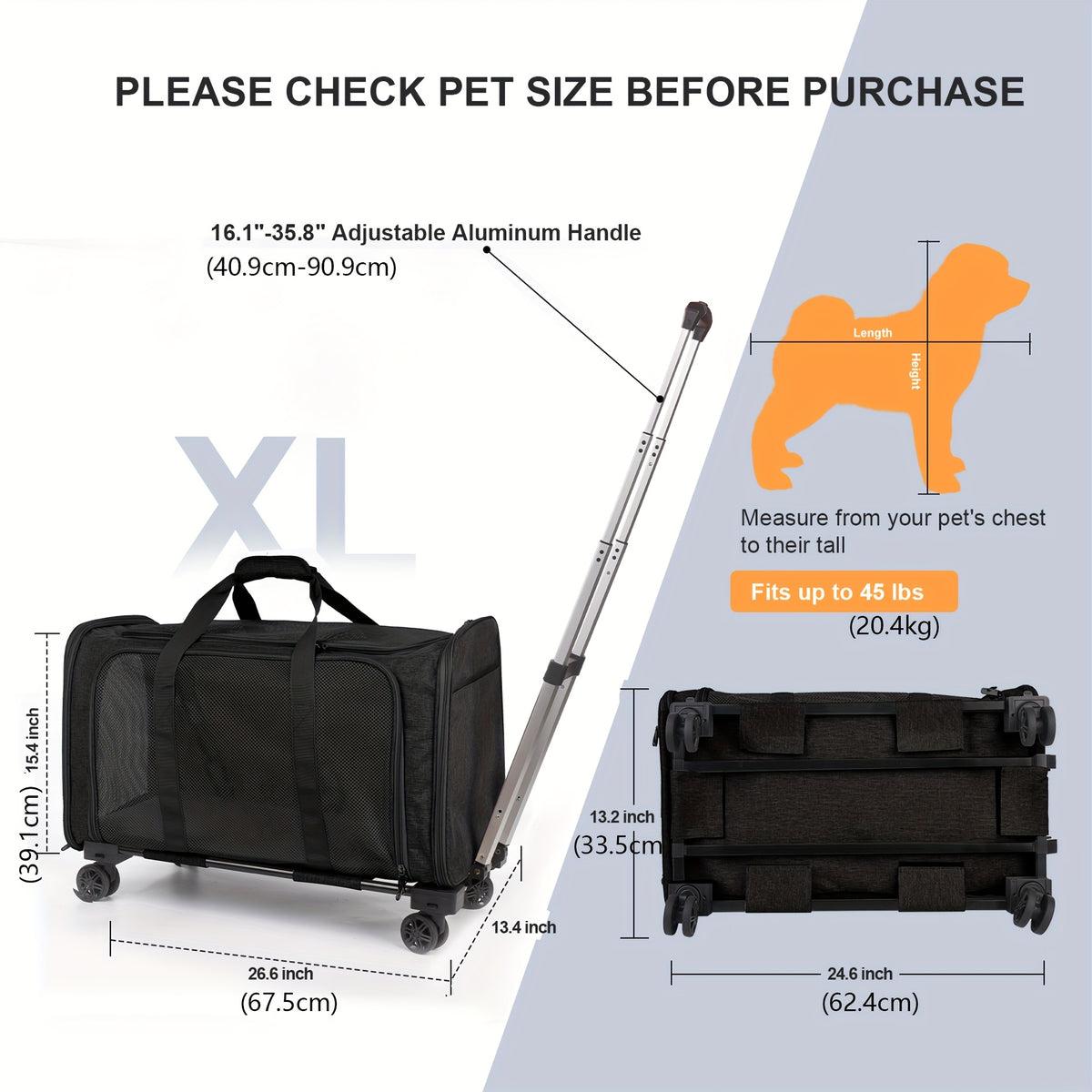 Pet Travel Carrier with Detachable Wheels, Retractable Pull Handle and Breathable Mesh, Soft-Sided Cat and Dog Bag for Vet Visits and Trips