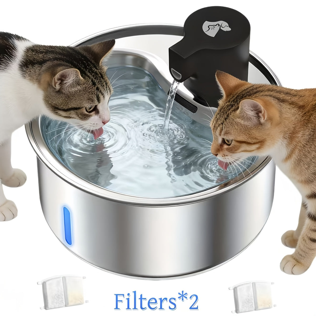 5L Stainless Steel Cat Water Fountain with Water Level Window and Red Blue LED Indicators, Quiet Pet Drinking Dispenser for Dogs and Cats with 2, 5 or 8 Filters