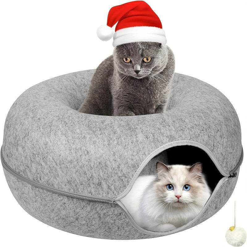 Cat Cave Tunnel Bed with Pom-Pom Ball, All-Season Donut Hideaway for Indoor Cat Rest and Play, 20 or 24 Inch Options in Dark Gray and Light Gray