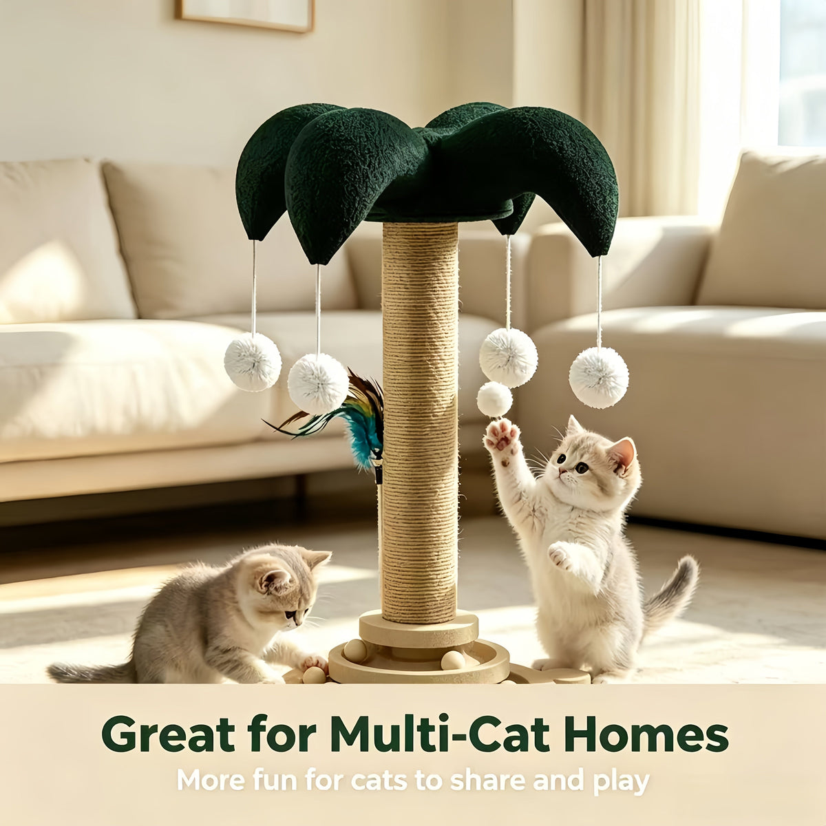 Sisal Cat Scratching Post with Clown Hat Design, Vertical Indoor Cat Scratcher with Random-Color Teaser Stick in Green or Dark Green