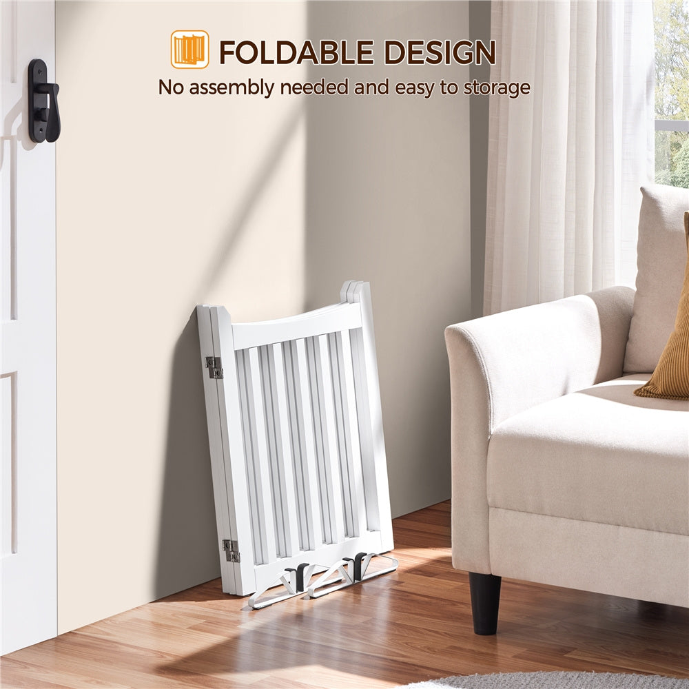 Freestanding Folding Dog Gate in White, 24 Inch Tall MDF Pet Barrier with Door and Two Support Feet for Small Dogs, Indoor Doorways and Hallways
