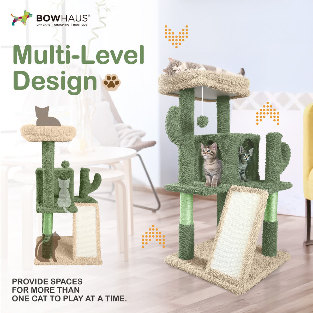 Cactus Cat Tower with Widened Perch and Scratching Posts, Multi-Level Indoor Cat Furniture in 37, 40, 58 or 70 Inch Size Options for Play and Rest
