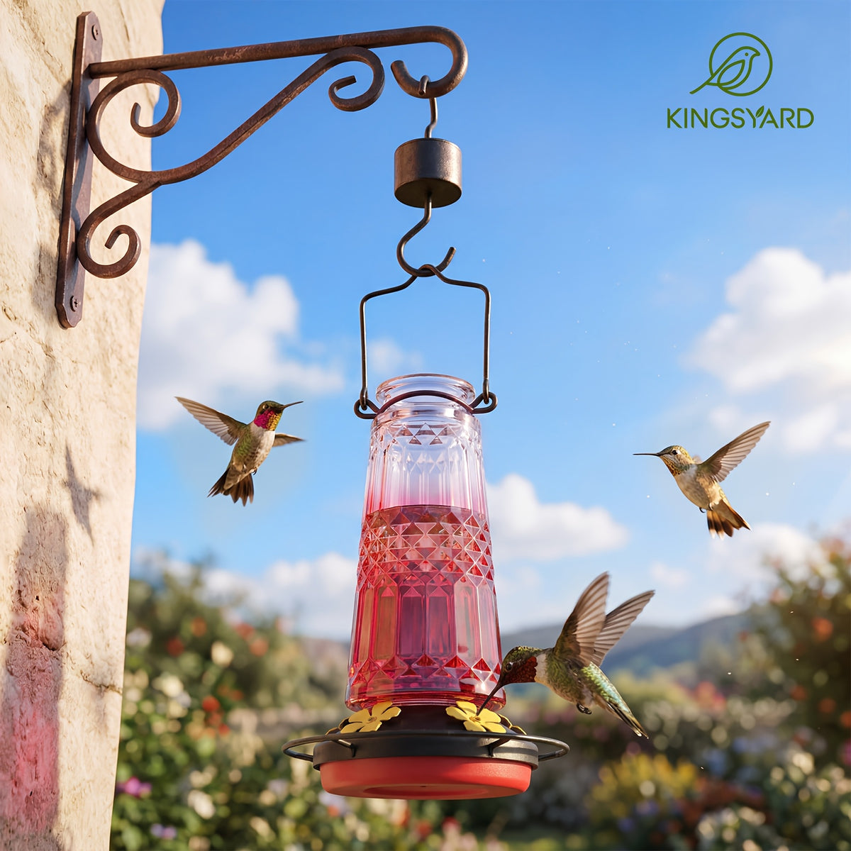 Glass Hummingbird Feeder 24oz by Kingsyard, Outdoor Hanging Nectar Feeder with 6 Feeding Ports and Ant Moat, Four Colors in Single or Two-Pack Options