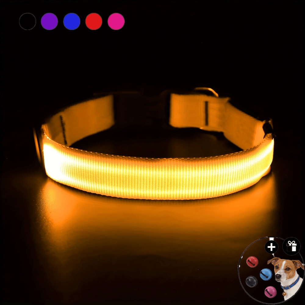 Light Up Dog Collar with 4 Bells, Micro USB Rechargeable LED Nylon Pet Collar with Adjustable Fit, Plastic Buckle and D-Ring for Night Walks