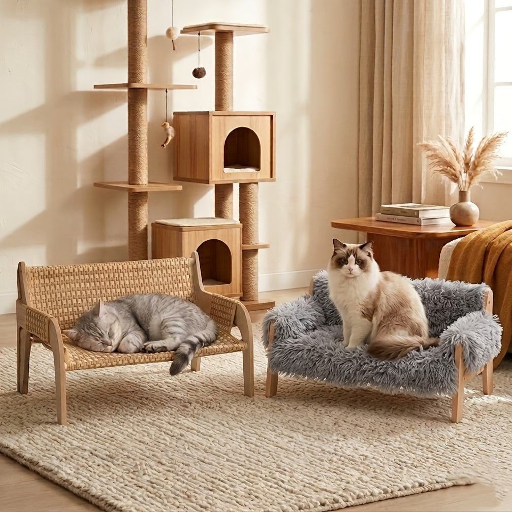 Pet Sofa Bed for Cats and Small Dogs, Elevated Lounge Furniture Listing with White, Grey and Bamboo Mat Style Options for Home Rest