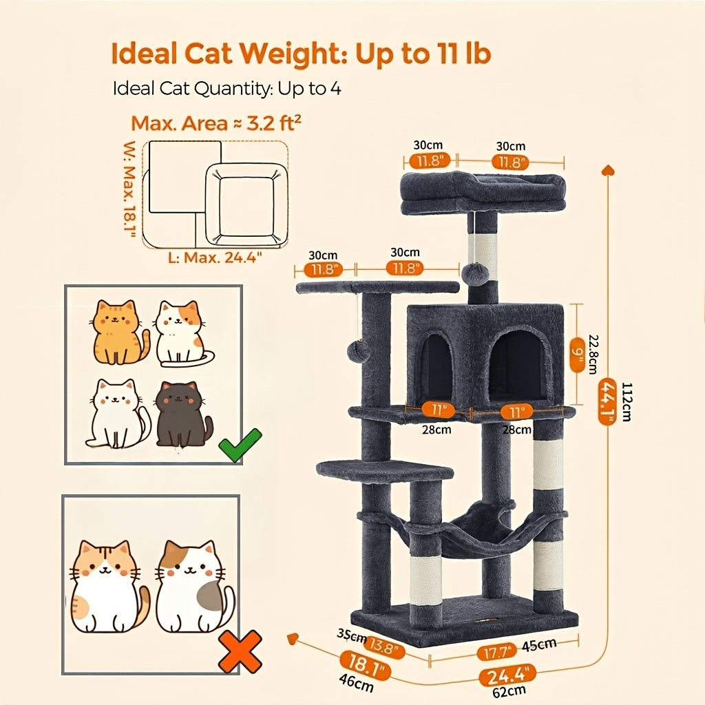 Multi-Level Cat Condo Tower with Cave and Plush Hammock, Sisal Scratching Features and Perches for Indoor Rest and Play, 44 66 or 79 Inch Options