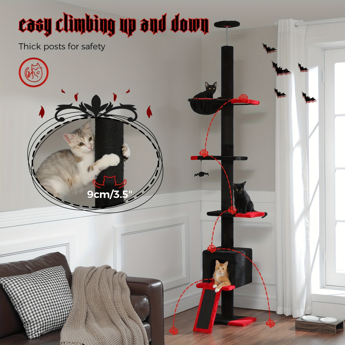 5-Tier Floor to Ceiling Cat Tree, 83–108 Inch Adjustable Indoor Cat Tower with Condo, Hammock, Scratching Post and Ladder in Seven Color Options