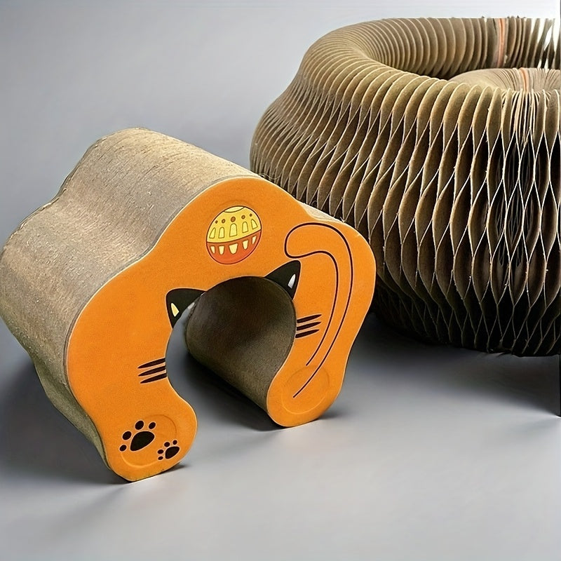 Flower Cat Scratcher Toy with Magnetic Accordion Design, Foldable Corrugated Cardboard Scratching Surface and Bell Ball for Indoor Cat Play