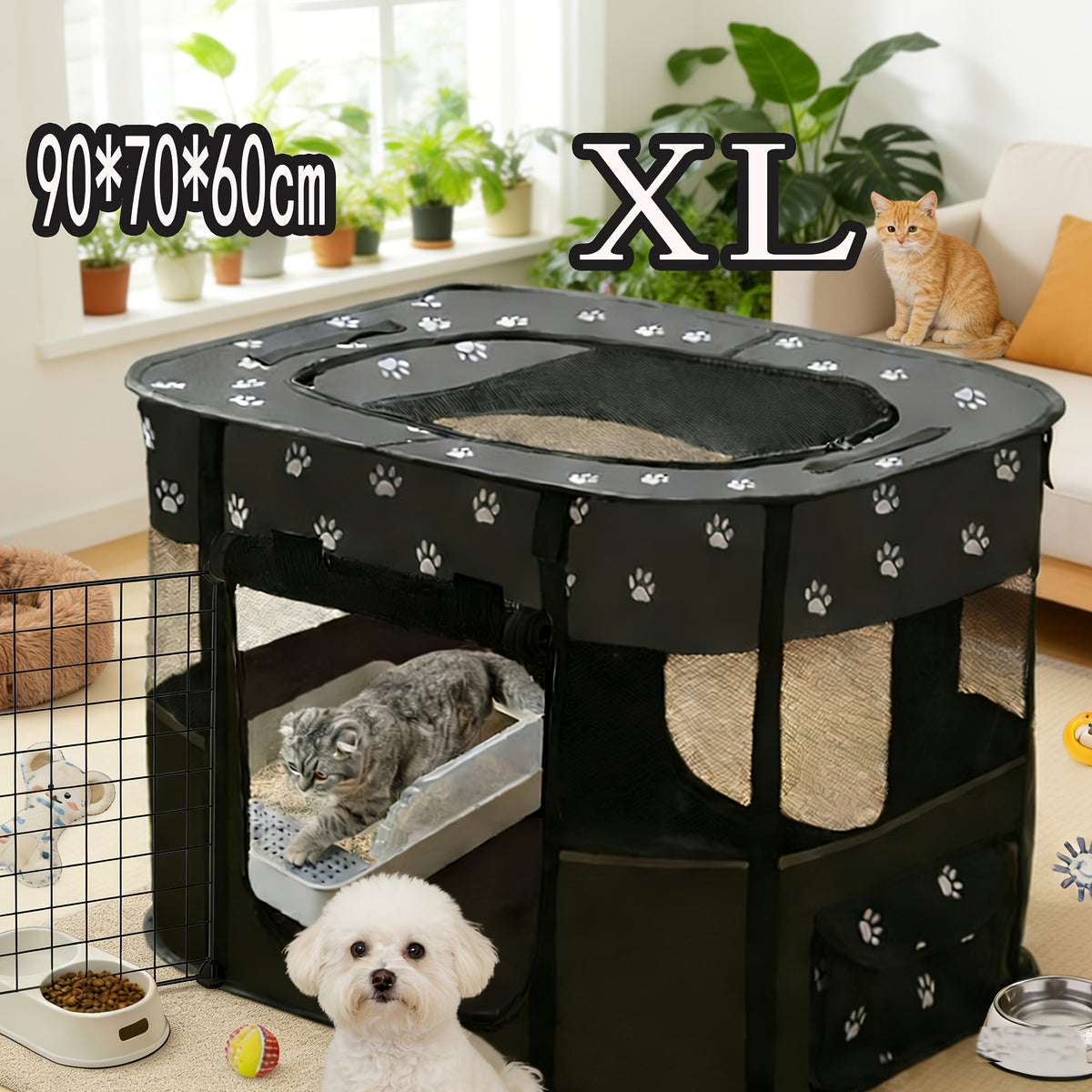 Pet Playpen with Rectangular Tent Design, Foldable Enclosed Resting Space for Small Dogs, Cats, Puppies and Kittens in Black or Gray, L to 2XL Options