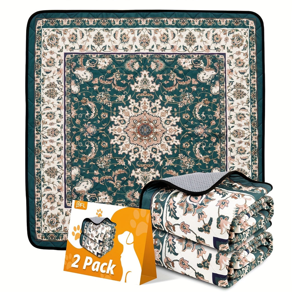 Bohemian Washable Dog Pee Pads 2 Pack, 36 x 36 Inch Reusable Non-Slip Puppy Potty Training Mats with Ornate Green Print for Floors and Playpens
