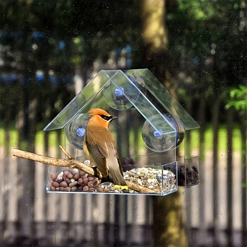 Window Bird Feeder with Removable Tray, Battery-Free Clear Acrylic Suction Cup Feeder for Outdoor Wild Bird Feeding and Close-Up Bird Watching at Home