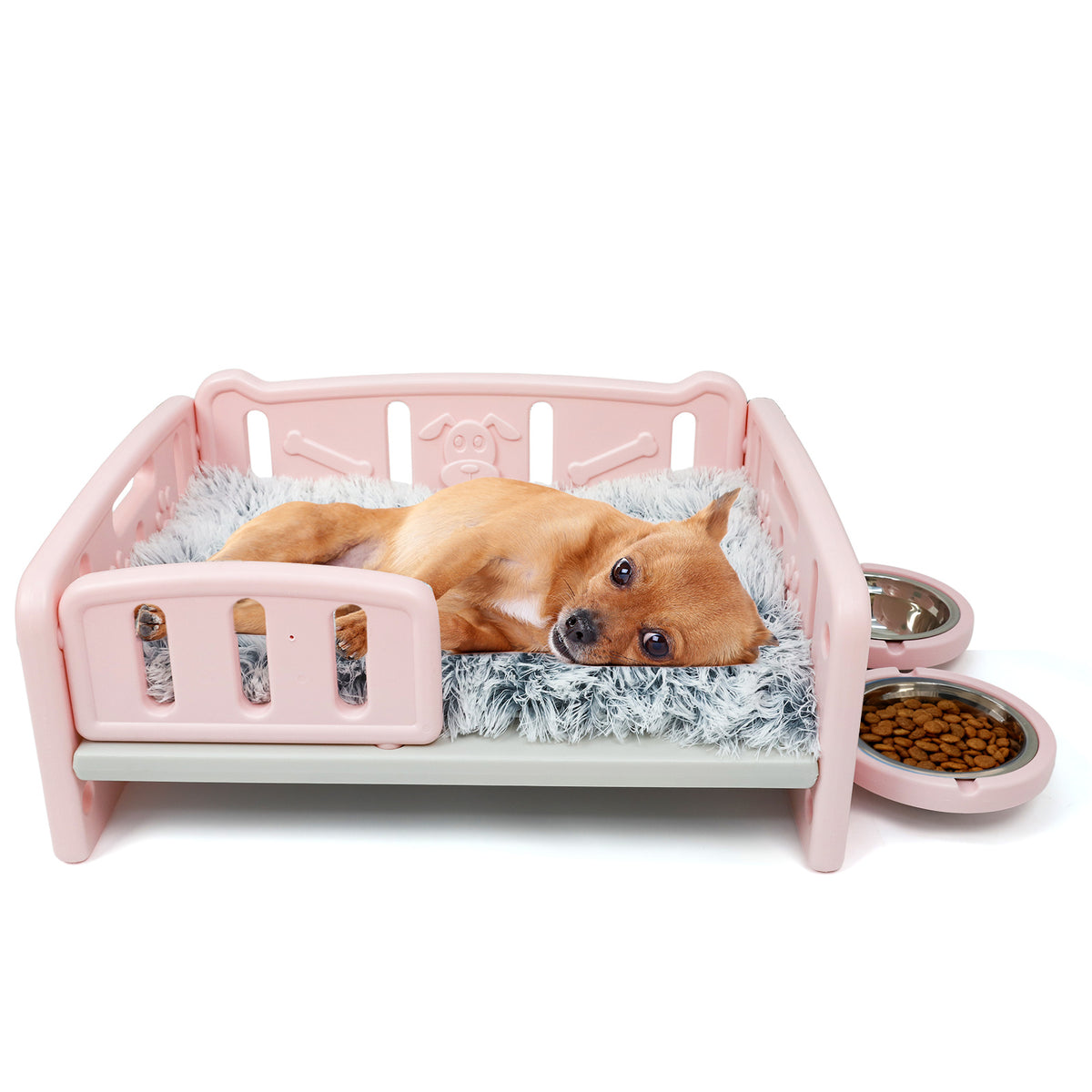 Elevated Dog Bed with Feeding Bowls, Plush Mat and Front Entry, Pink or Blue Pet Sofa with Paw-Print Side Panels for Small to Medium Dogs