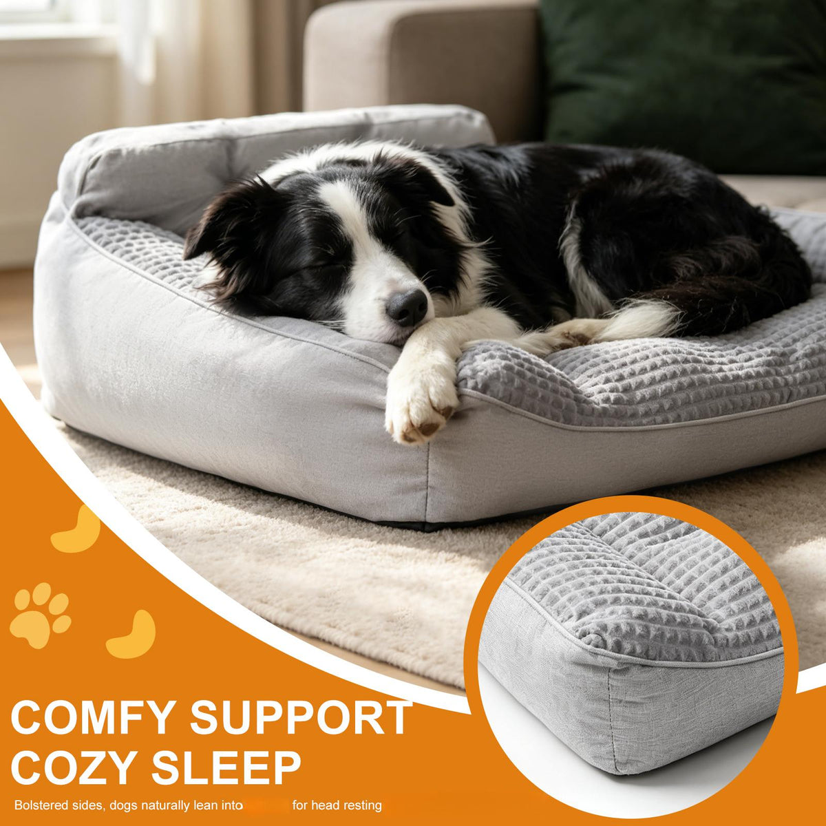 Three-Sided Bolster Dog Bed with Memory Foam and Egg Crate Cushioning, Gray Orthopedic Pet Sofa for Everyday Rest, S L XL Sizes for Dogs