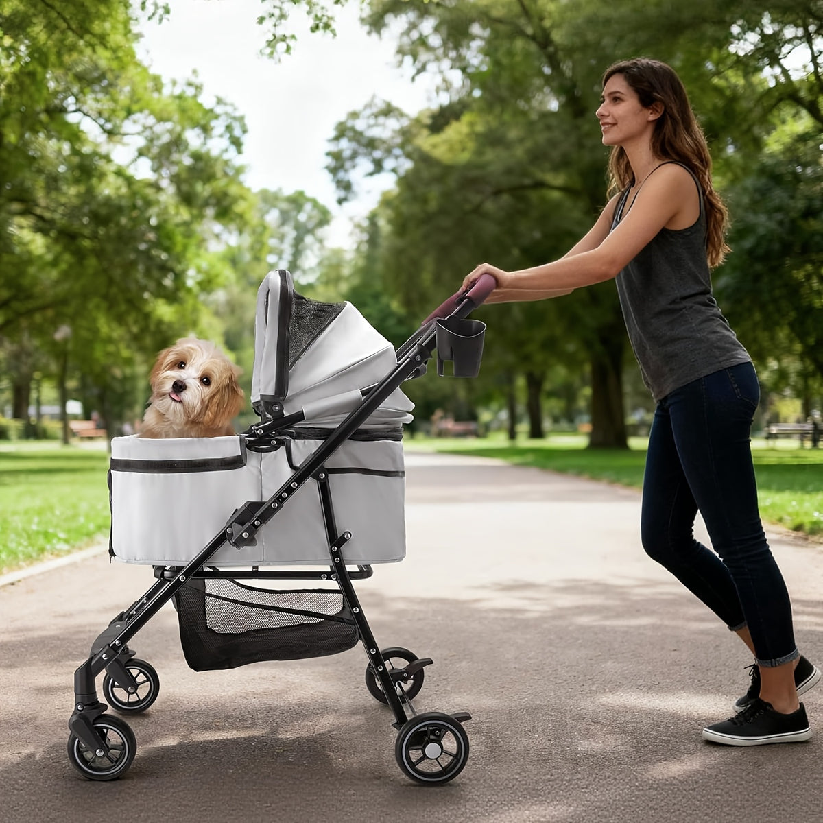 Convertible Pet Stroller with Removable Carrier, Foldable Dog and Cat Pushchair with Mesh Canopy, Storage Basket and Cup Holder in Four Colors