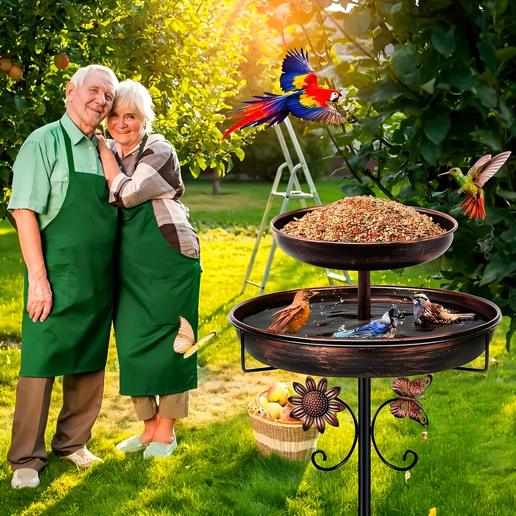 Bronze Metal Bird Bath with Flower and Butterfly Accents, Five-Prong Ground Stake Garden Basin with Single Layer and Set Options for Outdoor Yard Decor