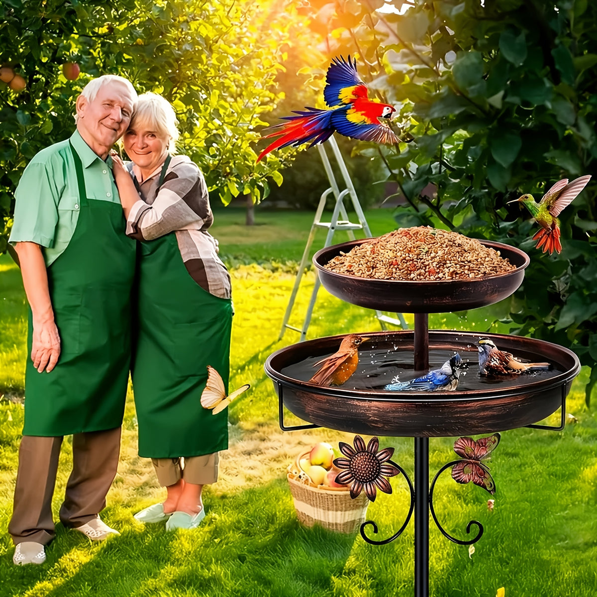 Bronze Metal Bird Bath with Flower and Butterfly Accents, Five-Prong Ground Stake Garden Basin with Single Layer and Set Options for Outdoor Yard Decor