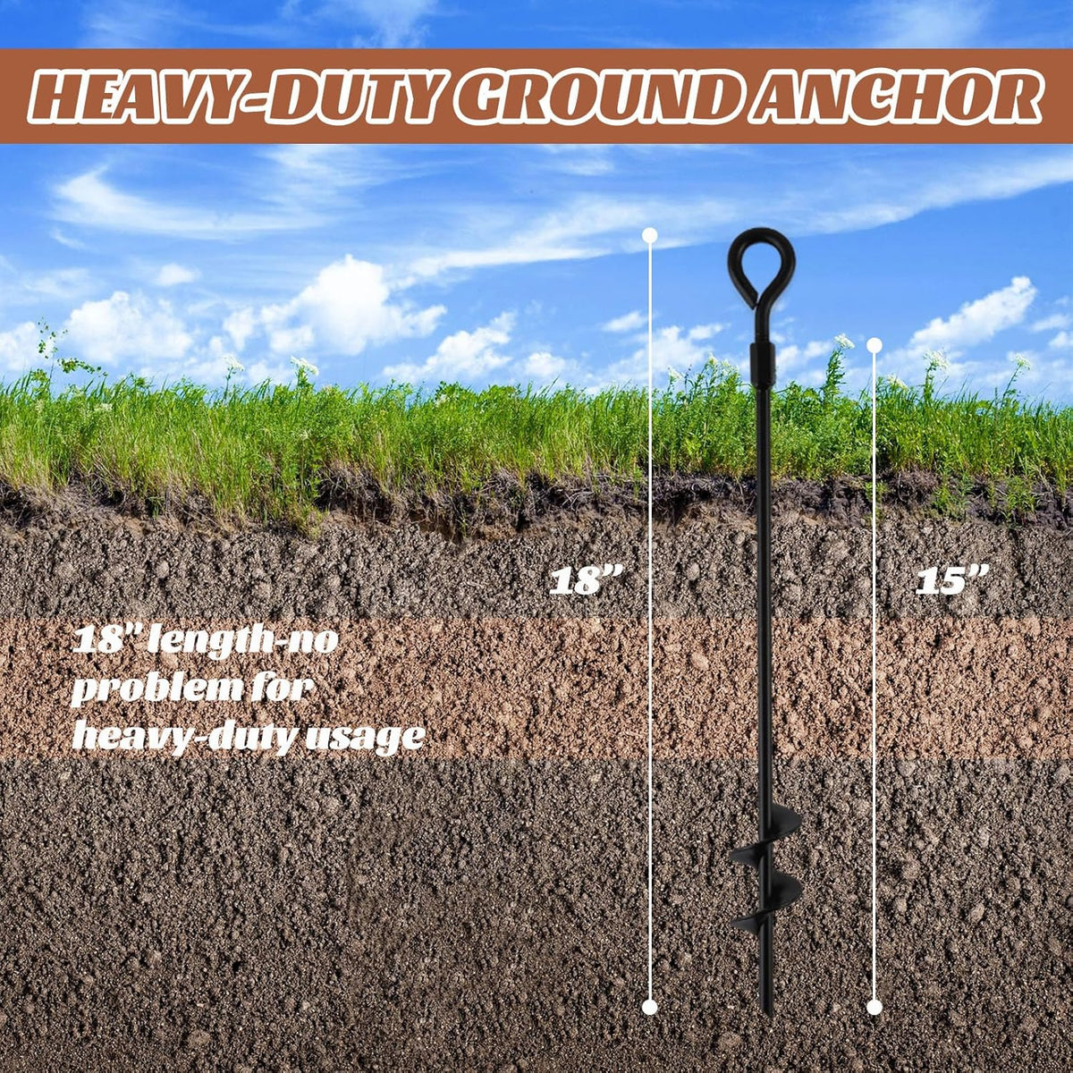 Screw In Ground Anchors 18 Inch with Folding Rings, Spiral Metal Stakes in 4, 6 or 8 Packs for Supervised Dog Tie Outs and Camping Setups