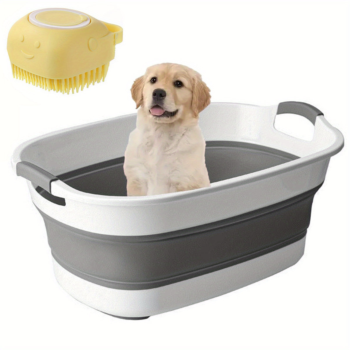 Foldable Dog Bathtub with Drain Plug and Shampoo Dispensing Bath Brush, Portable 21.65-Inch Pet Wash Basin for Small and Medium Pets