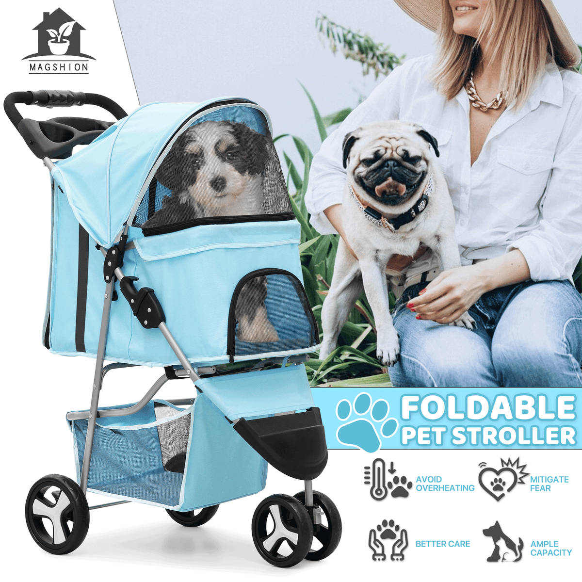 Pet Stroller with Storage Basket and Cup Holder, Magshion Three-Wheel Foldable Pushchair for Small and Medium Dogs and Cats, 14 Color and Pattern Options