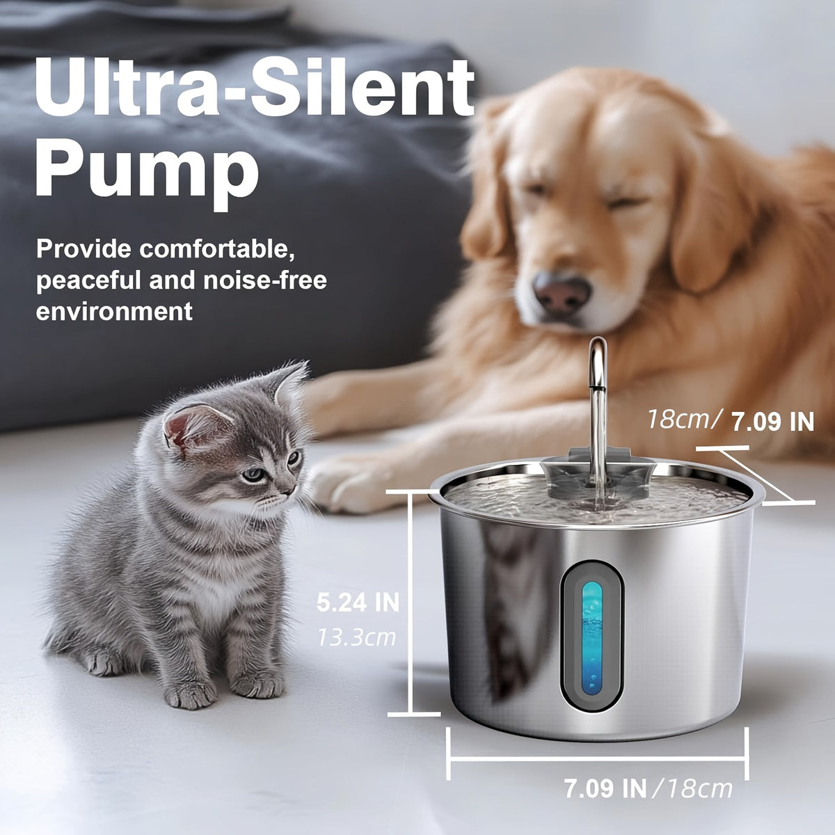 Cat Water Fountain with 3-Stage Filtration, 2.2L 304 Stainless Steel Pet Drinking Dispenser with Quiet USB Pump and Visible Water Level Window