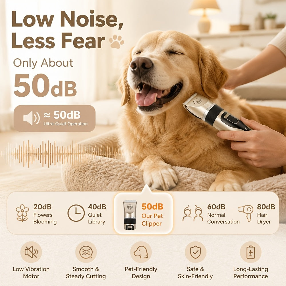 Electric Dog Grooming Clippers, Low-Noise USB Rechargeable Pet Hair Trimmer for Dogs and Cats, Golden or Red with 12-Piece Set Options