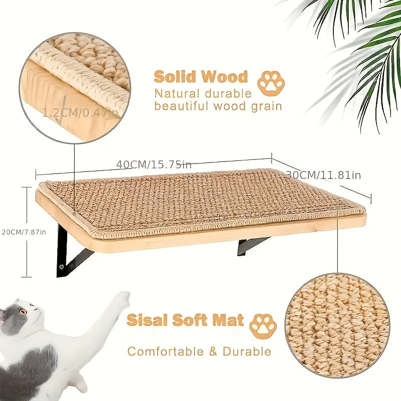 Cat Wall Shelf with Sisal Scratching Mat, Solid Wood Cat Perch with Metal Brackets for Indoor Climbing, Elevated Resting and Space-Saving Lounging