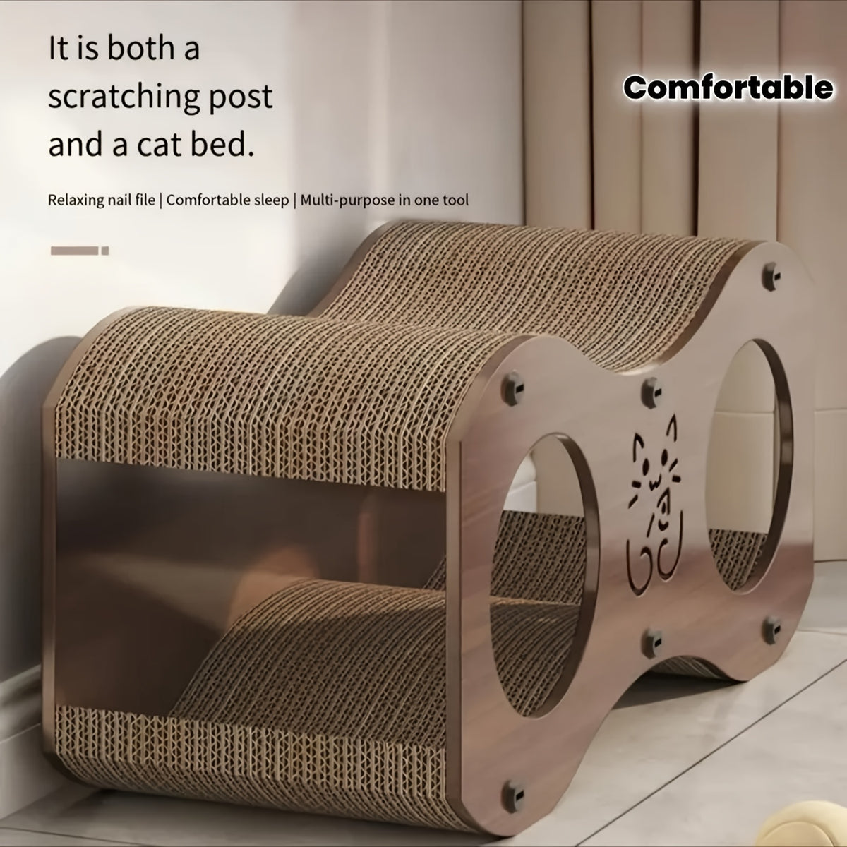 Cat Scratching Post with Integrated Bed and Woven Scratch Pad, Indoor Cat Lounging and Play Furniture with Cat Toy, Oak or Walnut Color Options