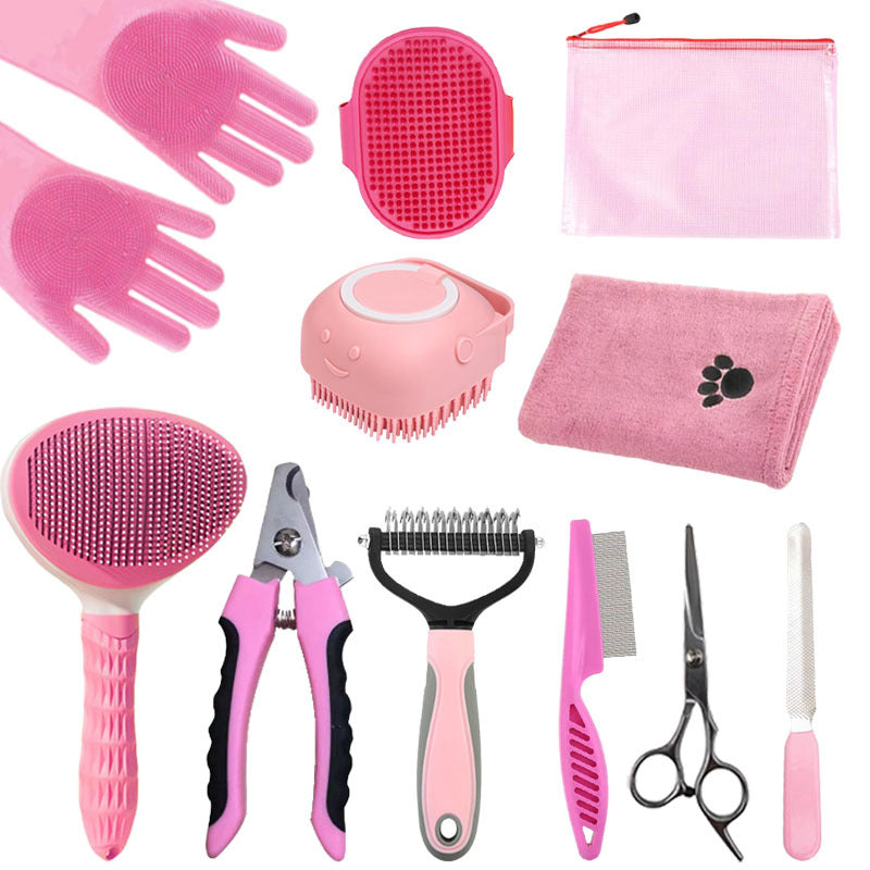 Pet Grooming Kit with Deshedding Gloves, 11-Piece Pink Set Including Brushes, Scissors and a Towel for Everyday At-Home Coat Care