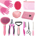 Pet Grooming Kit with Deshedding Gloves, 11-Piece Pink Set Including Brushes, Scissors and a Towel for Everyday At-Home Coat Care